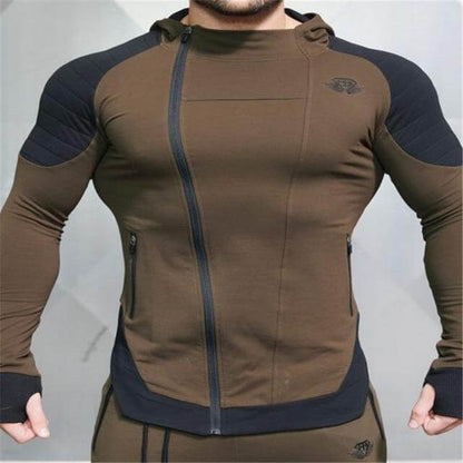 New Gyms Slim Fit Hoodies modeled by a man showcasing a slim fit design in brown and black, ideal for workouts.