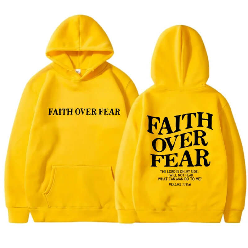 Printed Men's And Women's Hoodies featuring faith over fear design on vibrant yellow fabric.