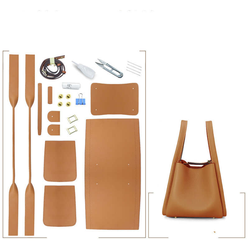 Make Your Own Leather Bags Hand Sewing Handmade Leather Goods kit including leather pieces, tools, and finished bag design.