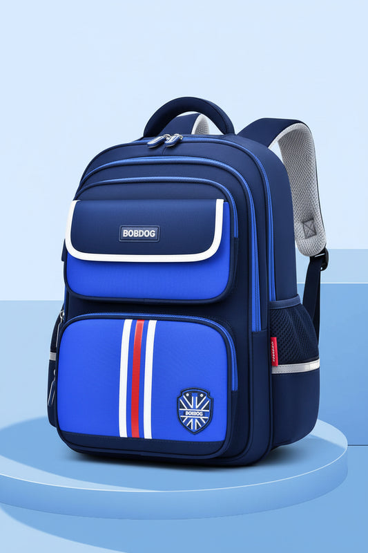 Kids Ergonomic School Backpack – Waterproof Spine Support in blue with stripes and logo design.