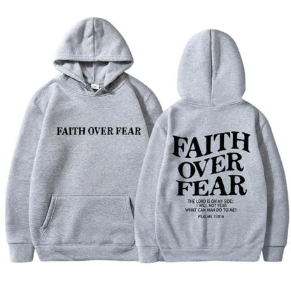 Printed Men's And Women's Hoodies in gray with 'FAITH OVER FEAR' text design on front and back.