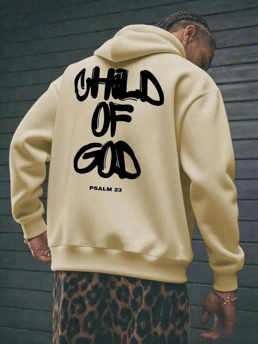 Men's Letter Print Fleece-Lined Hoodie – Casual Pullover Sweatshirt seen from behind, featuring 'CHILD OF GOD' and 'PSALM 23' prints.