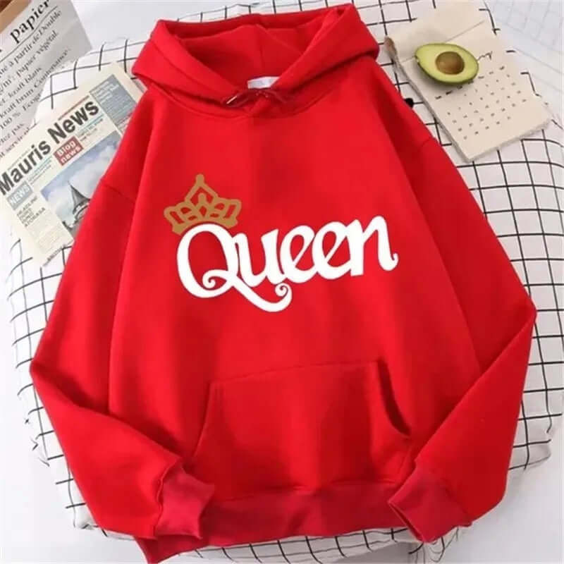 QUEEN Print Hoodies Fleece Hooded Sweatshir in red with crown design and front pocket.