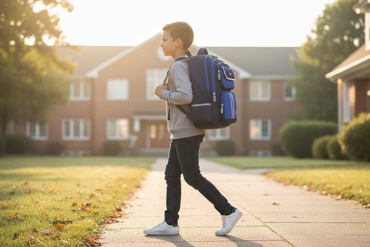 Kids' Spine Protection School Backpack – Lightweight Waterproof Bag + Free Pencil Case in sky blue design with dimensions.