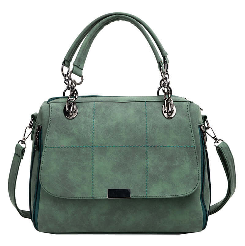 Large capacity matcha green shoulder bag with dual handles and adjustable strap, made of PU leather.