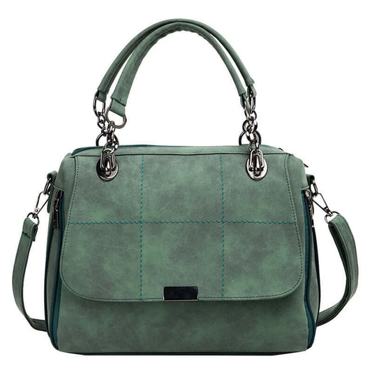 Large capacity matcha green shoulder bag with dual handles and adjustable strap, made of PU leather.