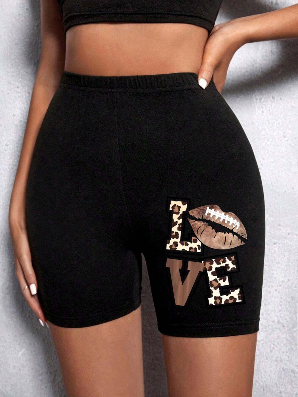 Summer Woman Tight Shorts Leopard Heart And Love Letter Grap with stylish leopard print and heart design.