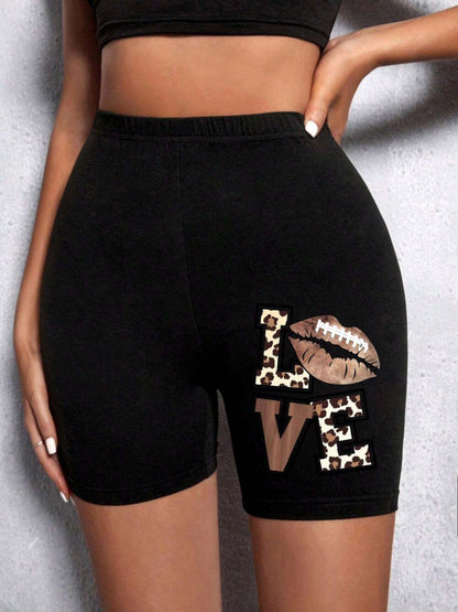 Summer Woman Tight Shorts Leopard Heart And Love Letter Grap with stylish leopard print and heart design.