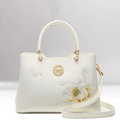 Cowhide Floral Crossbody Shoulder Bag for Cheongsam in white with floral embroidery and elegant design.