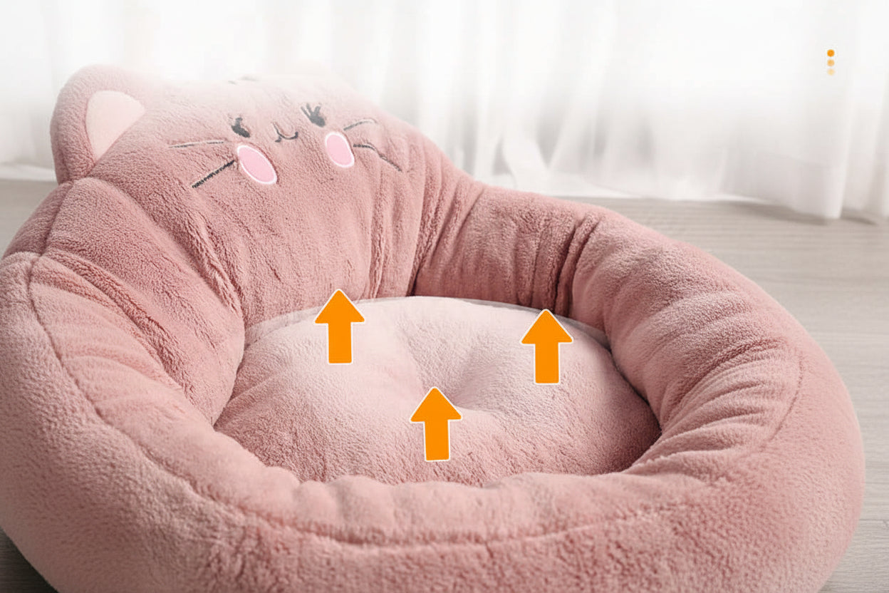Trending cartoon pet bed with soft pink fabric and plush cushion for dogs and cats, providing cozy comfort.