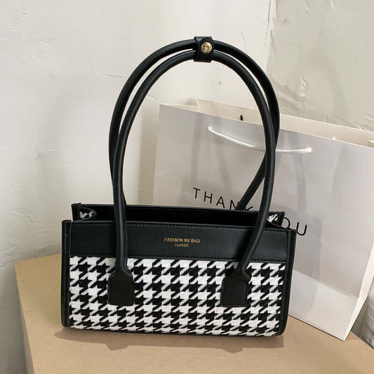 New Tide Autumn Winter Fashion Versatile Plaid Hand Carry Bags displayed on a table with a thank you bag.