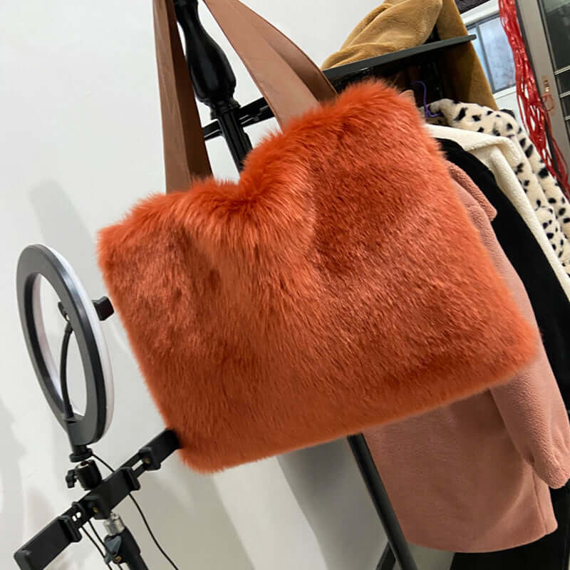 Women's Bags, Handbags, Women's Shoulder Bags, Fur Bags, Plush Bags in orange imitation fur design.
