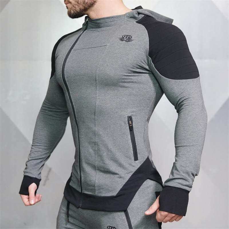 New Gyms Slim Fit Hoodies in gray, designed for a comfortable fit during workouts. Perfect for active lifestyles.