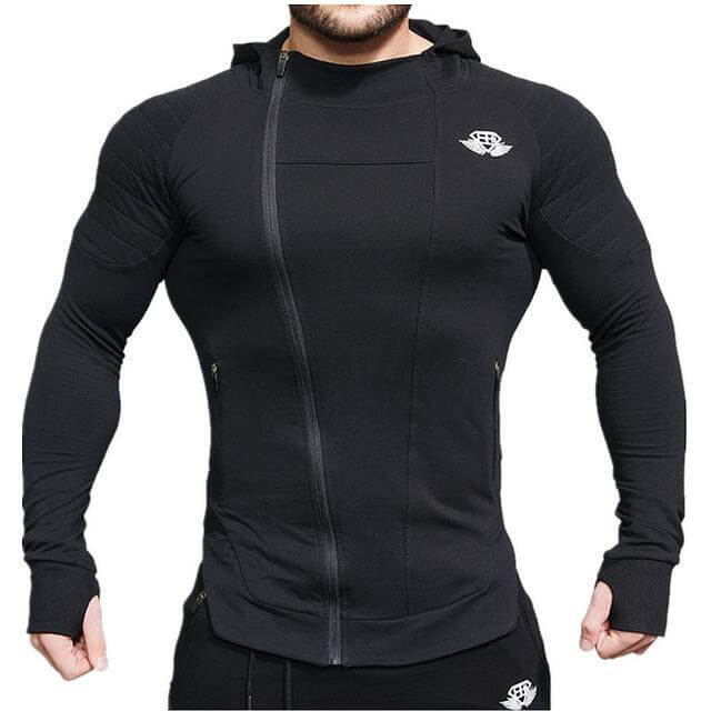 New Gyms Slim Fit Hoodies detail image showcasing a black, fitted hoodie with a zippered front and athletic cut.