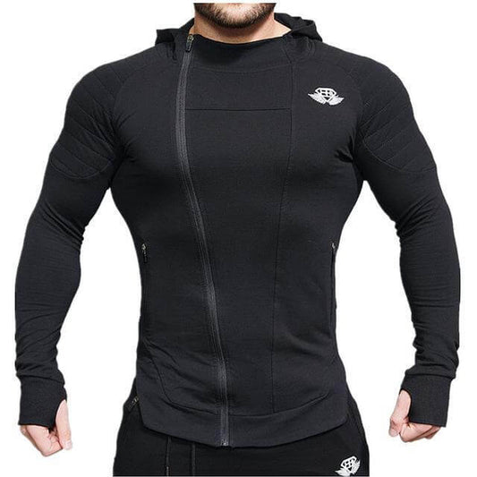 New Gyms Slim Fit Hoodies detail image showcasing a black, fitted hoodie with a zippered front and athletic cut.