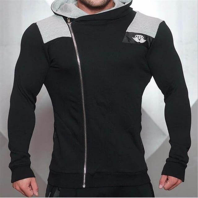 New Gyms Slim Fit Hoodies in black with gray accents, showcasing a men's slim fit design and stylish zip detail.