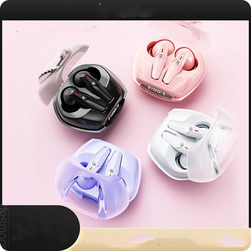 Bluetooth Headset Power Digital Display Ultra Long Endurance Sports TWS available in black, pink, purple, and white.