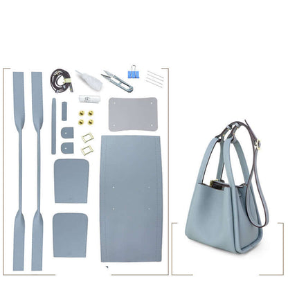 Make Your Own Leather Bags Hand Sewing Handmade Leather Goods DIY kit components and finished bag displayed.