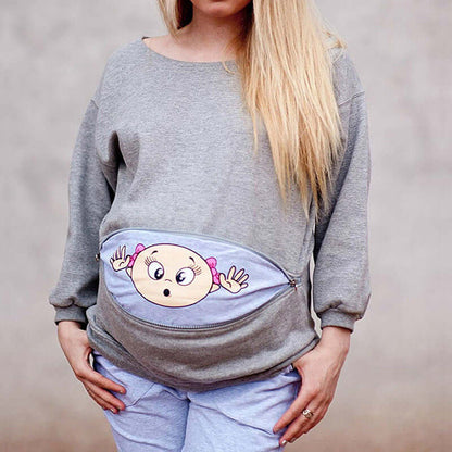 Plus size pregnant woman cartoon cute long sleeve featuring a cartoon design and comfortable loose fit