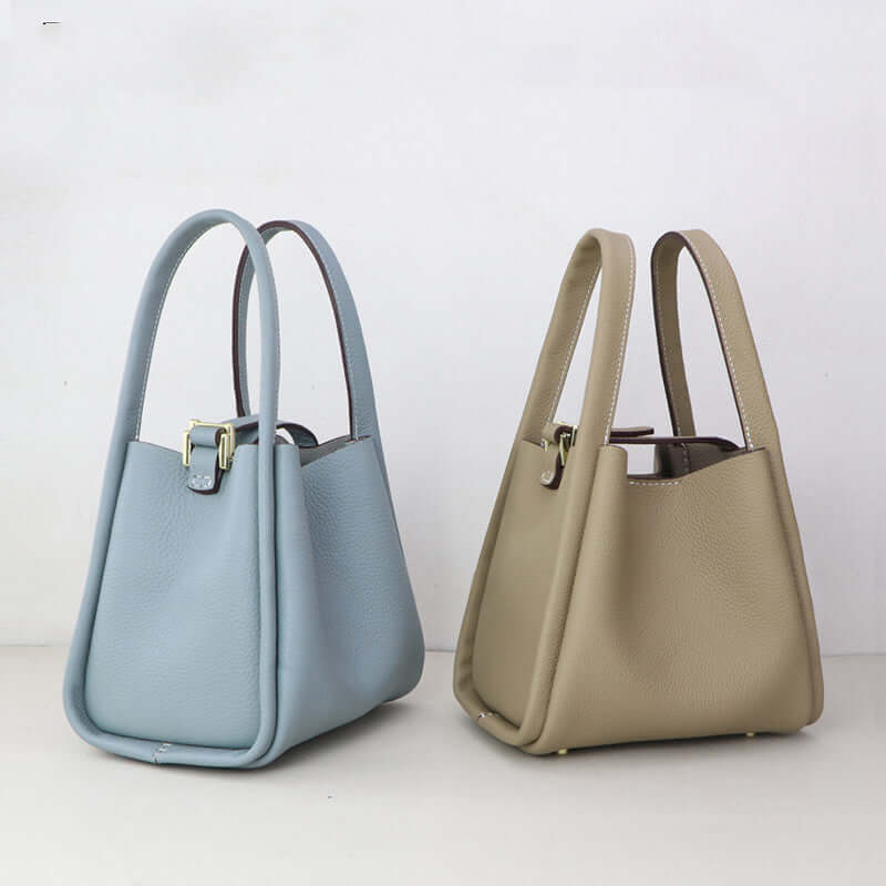 Make Your Own Leather Bags Hand Sewing Handmade Leather Goods in blue and beige.