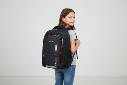 Kids & Teen School Backpack – Large Capacity Oxford Cloth Bag in black and red design, ideal for junior students.