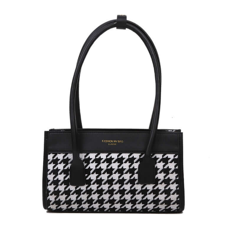 New Tide Autumn Winter Fashion Versatile Plaid Hand Carry Bags in black and white houndstooth design.