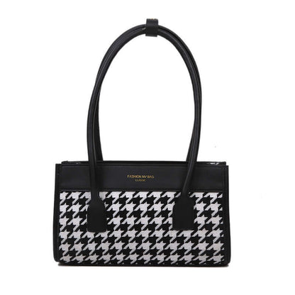 New Tide Autumn Winter Fashion Versatile Plaid Hand Carry Bags in black and white houndstooth design.