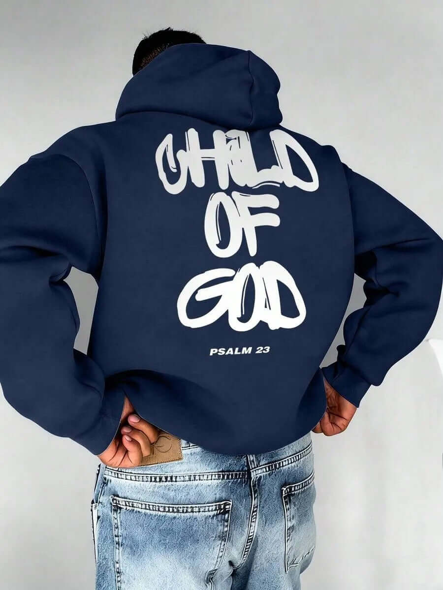 Men's Letter Print Fleece-Lined Hoodie – Casual Pullover Sweatshirt with 'CHILD OF GOD' design on the back.
