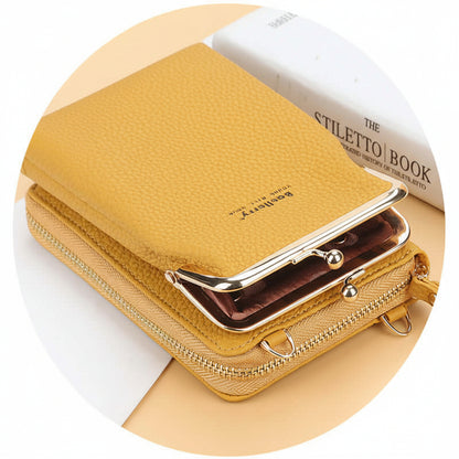 Women's Shoulder Bag with Lock – Mini Square Crossbody Bag Korean Style PU Leather, showing a stylish yellow wallet.