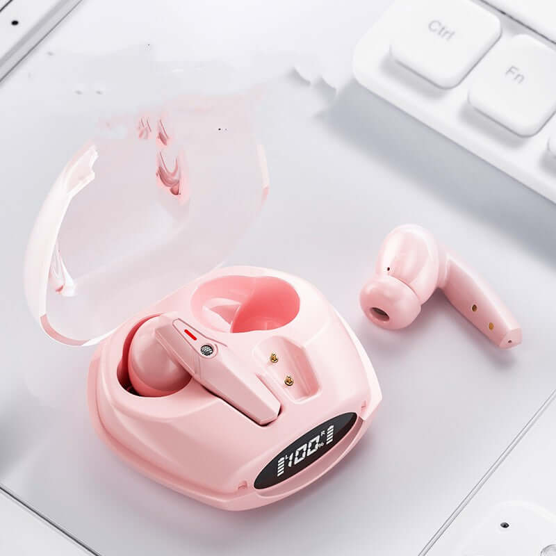 Bluetooth Headset Power Digital Display Ultra Long Endurance Sports TWS in pink charging case with digital display.