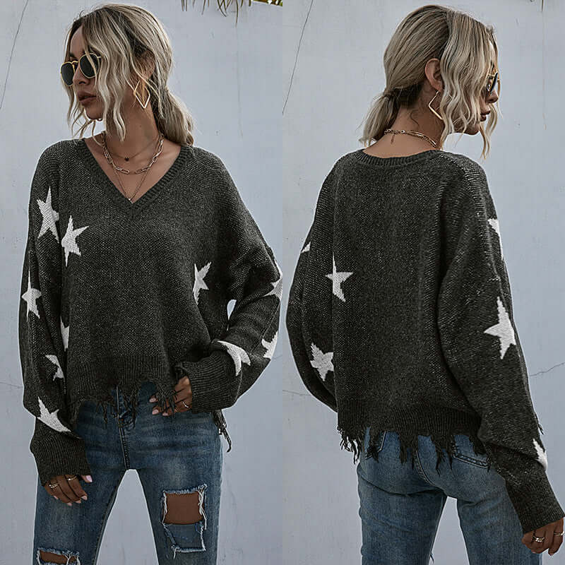 Tassel knitting sweater woman with star pattern, gray color, stylish V-neck, perfect for casual wear.