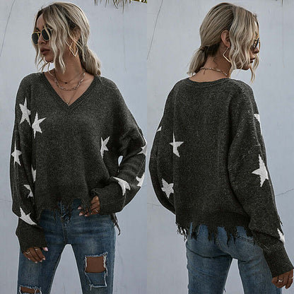 Tassel knitting sweater woman with star pattern, gray color, stylish V-neck, perfect for casual wear.