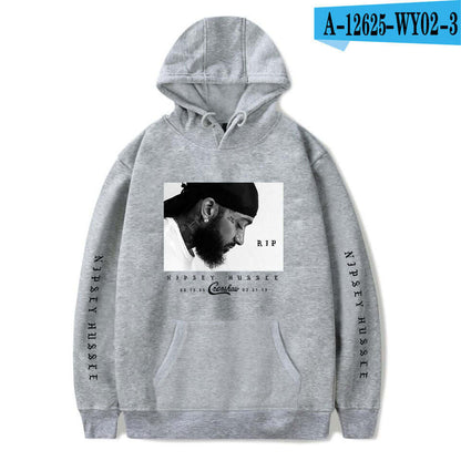 Man Hoodies & Sweatshirts A featuring a gray hoodie with Nipsey Hussle tribute design.