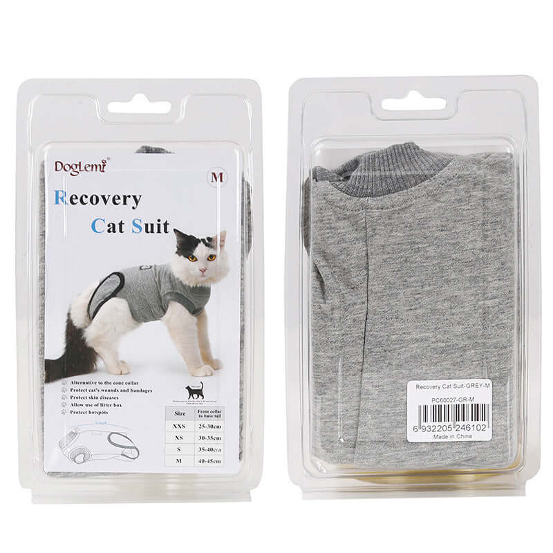 Cat recovery suit after surgery in packaging, designed for postoperative support and infection prevention.
