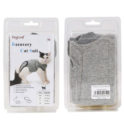 Cat recovery suit after surgery in packaging, designed for postoperative support and infection prevention.