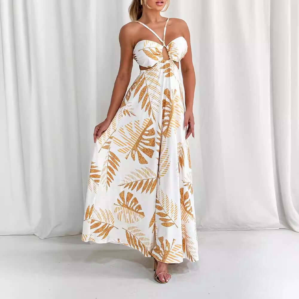 Fashion Printed Dress For Woman featuring a floral design with a sleeveless style and long skirt.