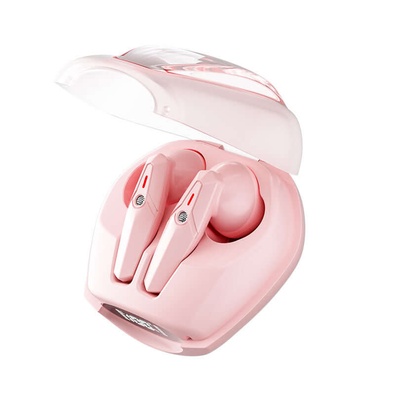 Bluetooth Headset Power Digital Display Ultra Long Endurance Sports TWS in pink charging case.