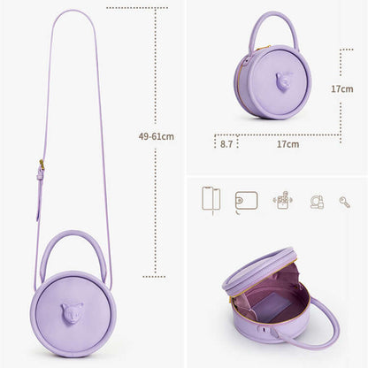 Women’s Cat Head Leather Crossbody Shoulder Bag in lavender color with unique cat design and dimensions.
