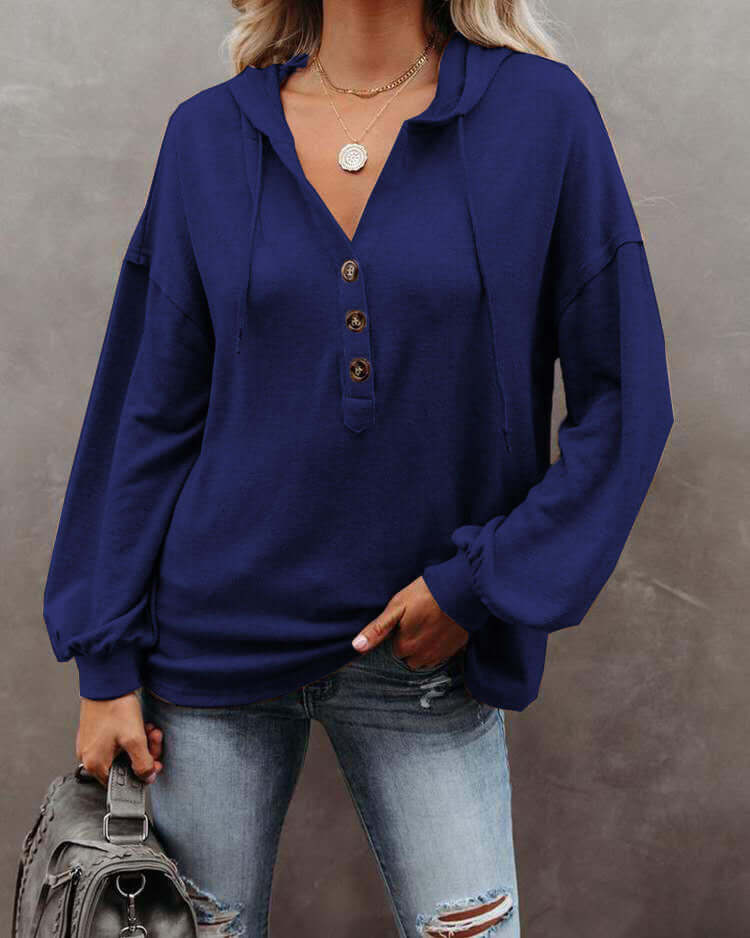 Autumn and Winter Solid Color Loose Hooded Woman in navy blue with buttons and long sleeves