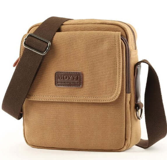 Shoulder Bags in khaki canvas material with polyester lining and adjustable strap for comfort.