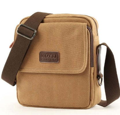 Shoulder Bags in khaki canvas material with polyester lining and adjustable strap for comfort.