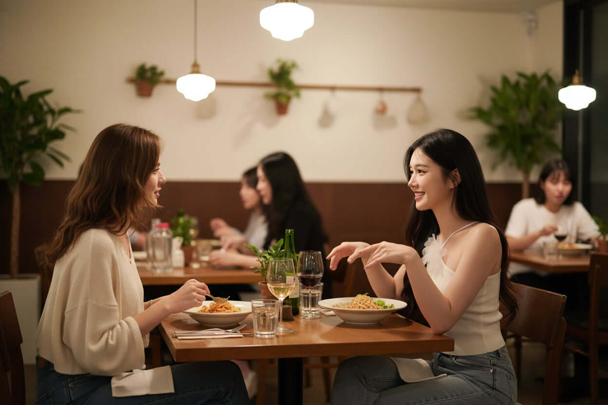 Two women enjoying dinner and drinks at a cozy restaurant, smiling and chatting over plates of food.