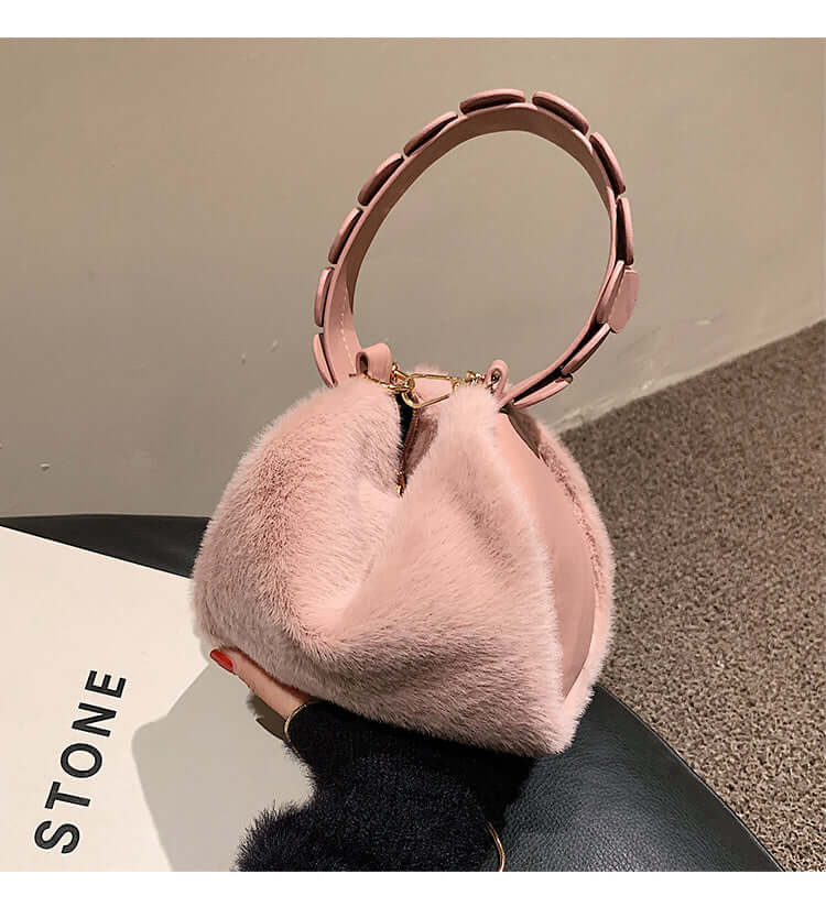 Autumn And Winter Small Furry Crossbody Hand Bag Female Bags in soft pink texture with unique handle design.