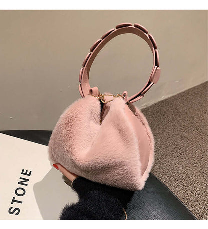 Autumn And Winter Small Furry Crossbody Hand Bag Female Bags in soft pink texture with unique handle design.