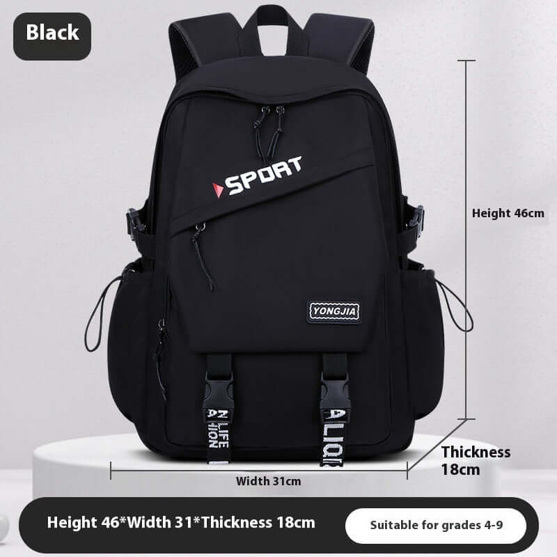 Girls' Large Capacity School Backpack – Waterproof Oxford Bag for Teens in black, dimensions 46x31x18cm, suitable for grades 4-9.