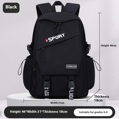 Girls' Large Capacity School Backpack – Waterproof Oxford Bag for Teens in black, dimensions 46x31x18cm, suitable for grades 4-9.