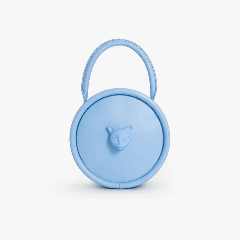 Women’s Cat Head Leather Crossbody Shoulder Bag in light blue with cat design on front.