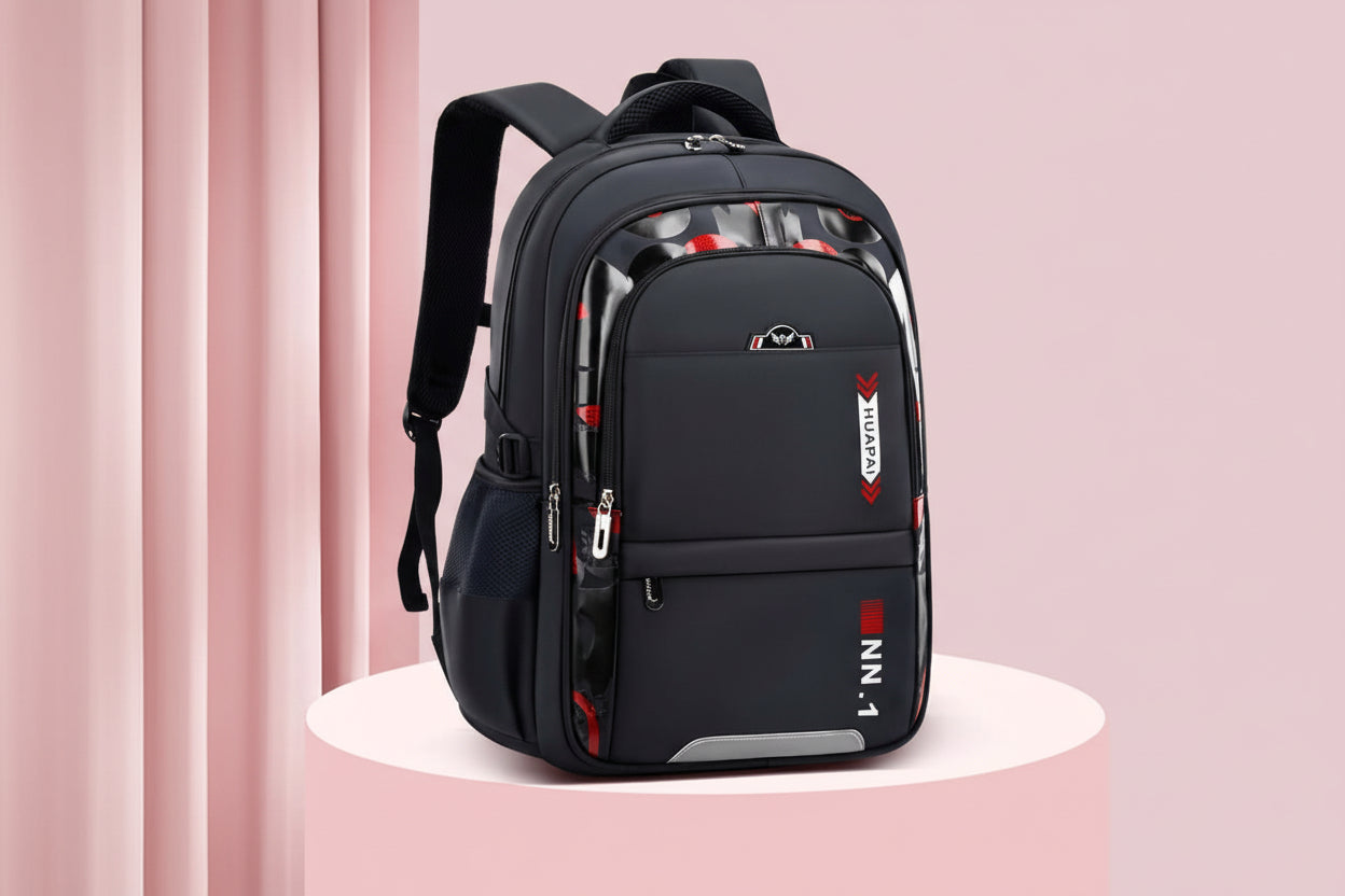 Kids & Teen School Backpack – Large Capacity Oxford Cloth Bag in black and red design for grades 4-9.