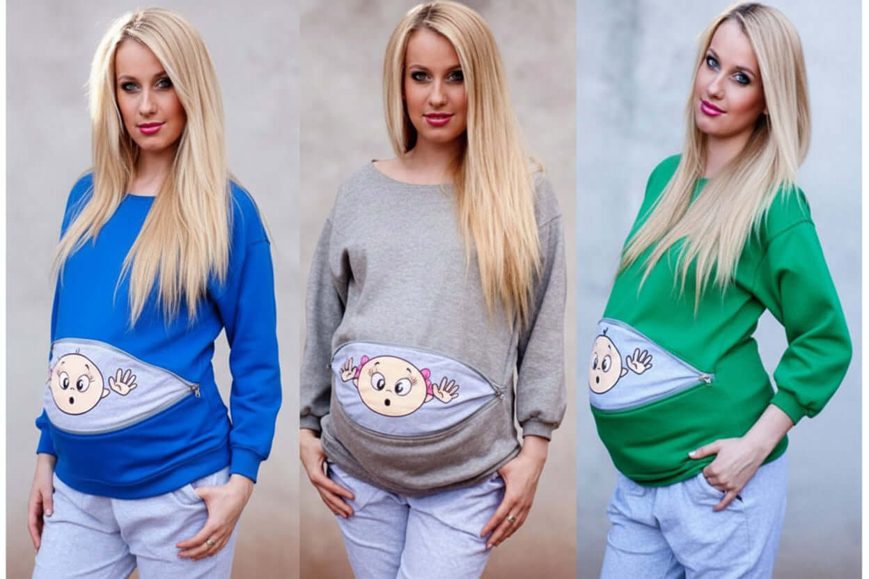Plus size pregnant woman cartoon cute long sleeve in blue, gray, and green; featuring a cute baby design on the belly.