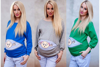 Plus size pregnant woman cartoon cute long sleeve in blue, gray, and green; featuring a cute baby design on the belly.
